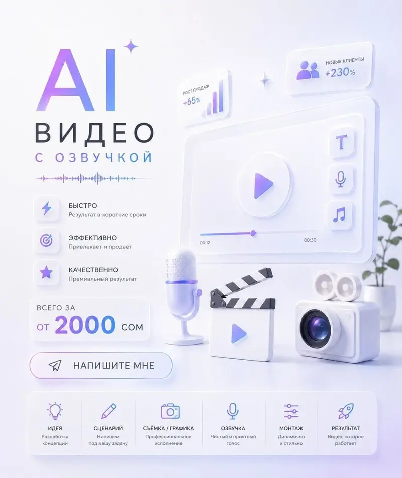 🎬 AI-ВИДЕОРЕКЛАМА С ОЗВУЧКОЙ ДЛЯ ВАШЕГО БИЗНЕСА — 2000 СОМ Хотите — фото 5