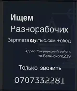 Приглашаем разнорабочих на работу с заработной платой 45 тысяч сомов