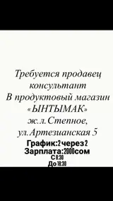 Продавец‑консультант в продуктовый магазин «Ынтымак»