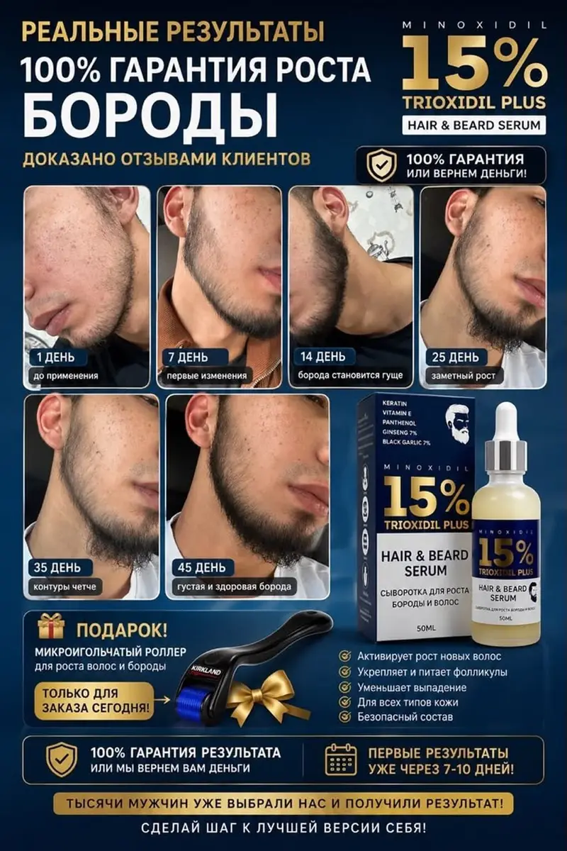 Сыворотка для роста волос и бороды TRIOXIDIL PLUS 15% + микророллер — фото 3
